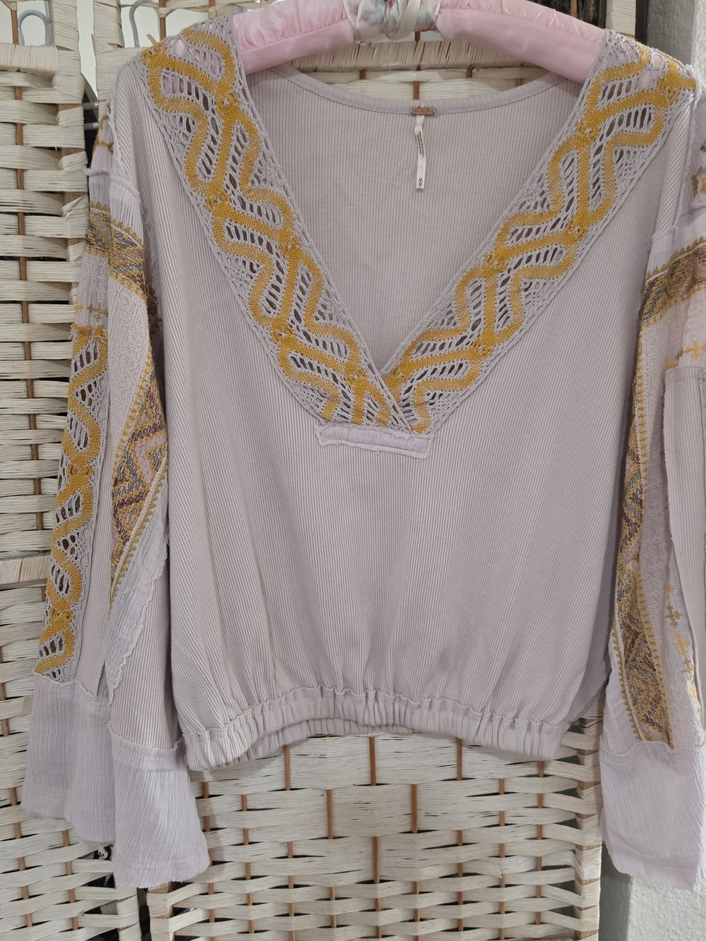 Free People Lilac V‑Neck Tunic with Mustard Embroidery